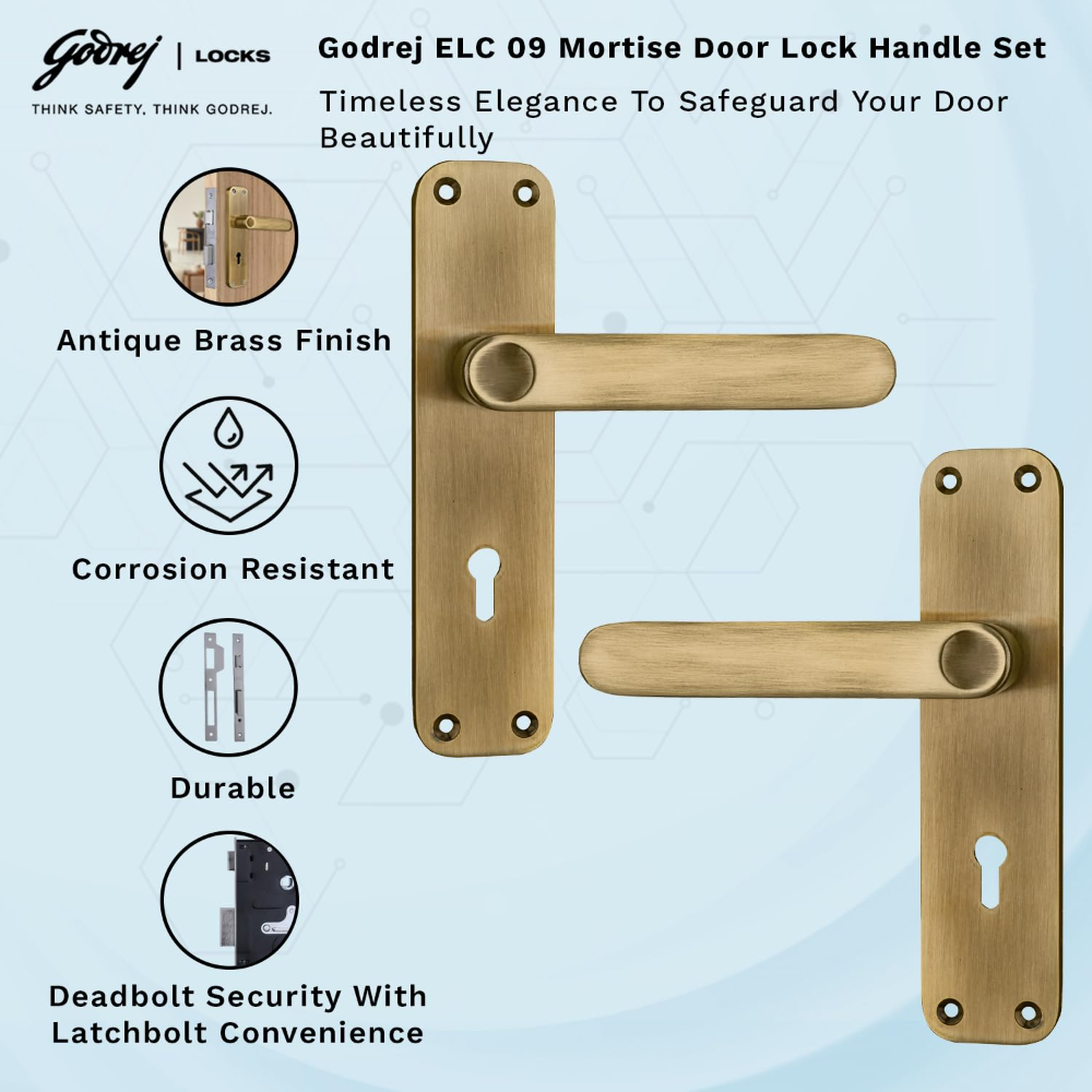Godrej  Mortise Door Lock | Handle Set | ELC 09 | 6 Lever Locking Mechanism | Reversible Latch | For Home and Office  | for Wooden Doors | Antique Brass Finish | 5 Year Warranty